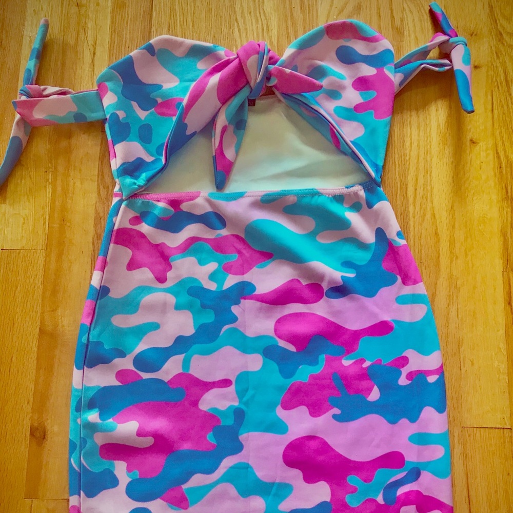 Pink/Blue Camouflaged Tie-Front Mini Dress
